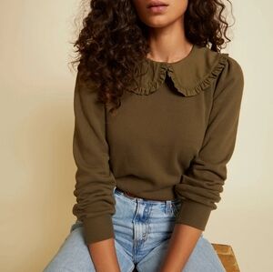 Nation LTD Olive Green Sweatshirt with Ruffled Collar 100% Cotton Sz M NWT Boho